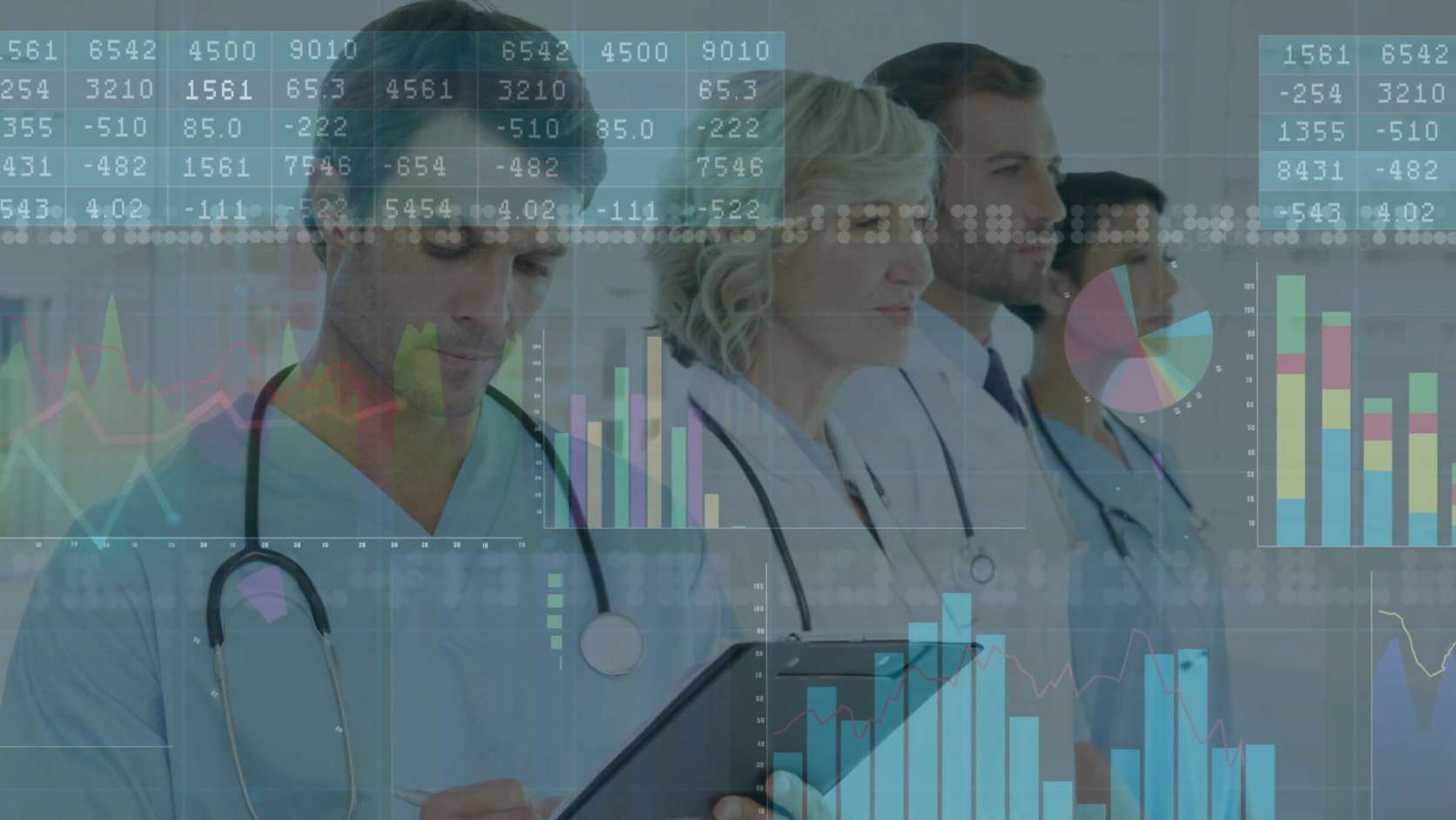 Reviewing,Medical,Team,Analyzing,Digital,Charts,In,Hospital,Corridor,,With